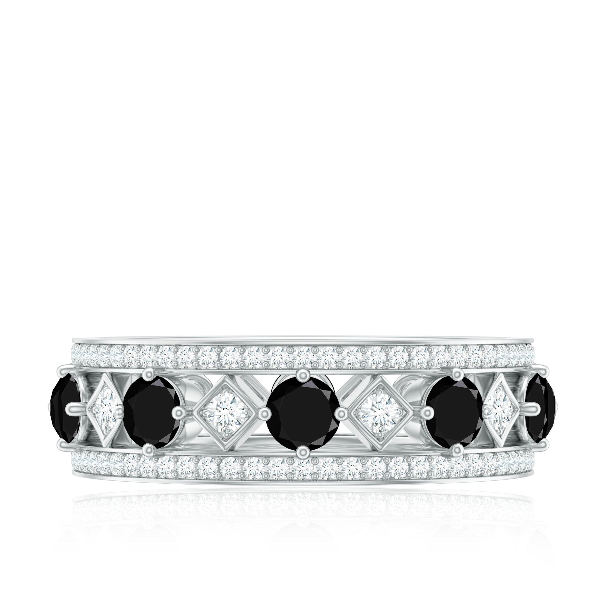 Antique Looking Black Onyx and Moissanite Wide Wedding Band