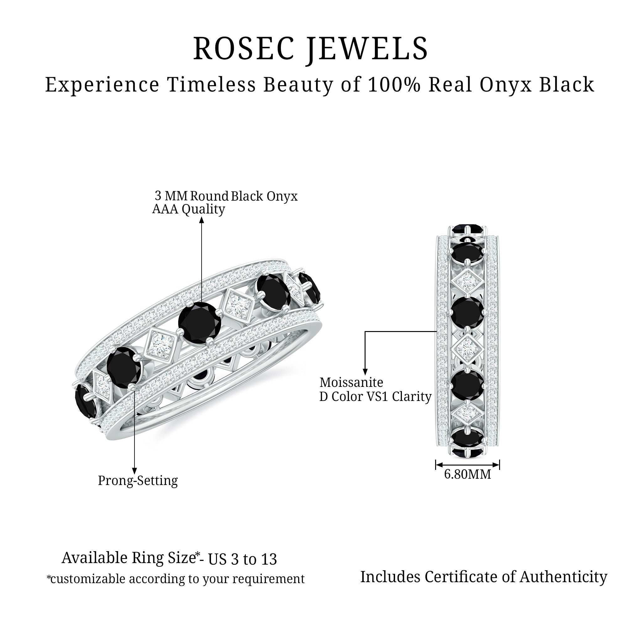 Antique Looking Black Onyx and Moissanite Wide Wedding Band