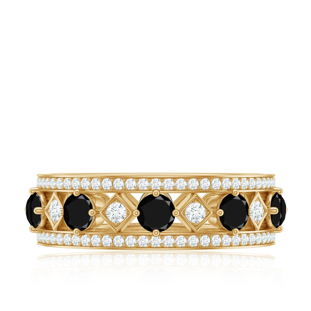 Antique Looking Black Onyx and Moissanite Wide Wedding Band