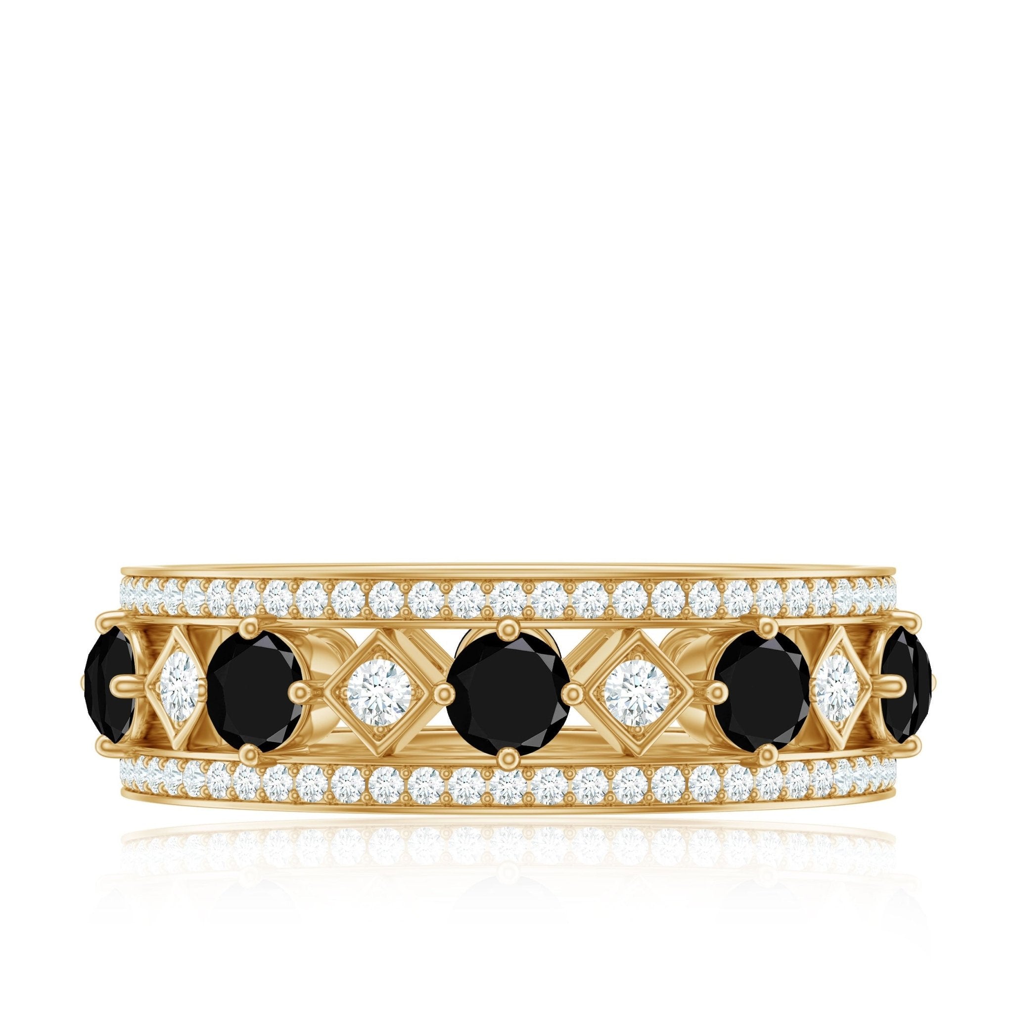 Antique Looking Black Onyx and Moissanite Wide Wedding Band