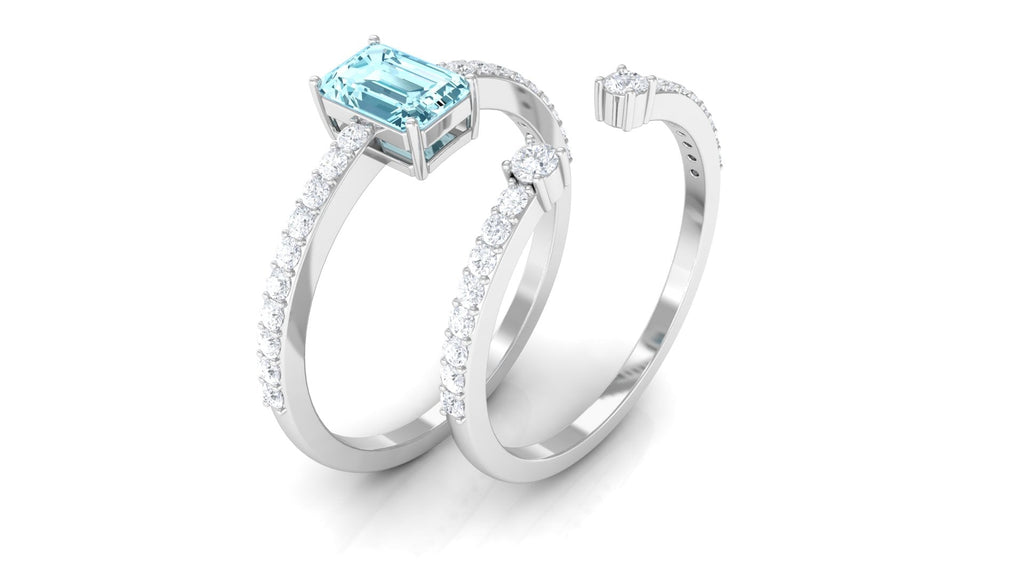 Aquamarine Bridal Ring – Emerald Cut Ring With Diamond Wedding Band Set Enhancer