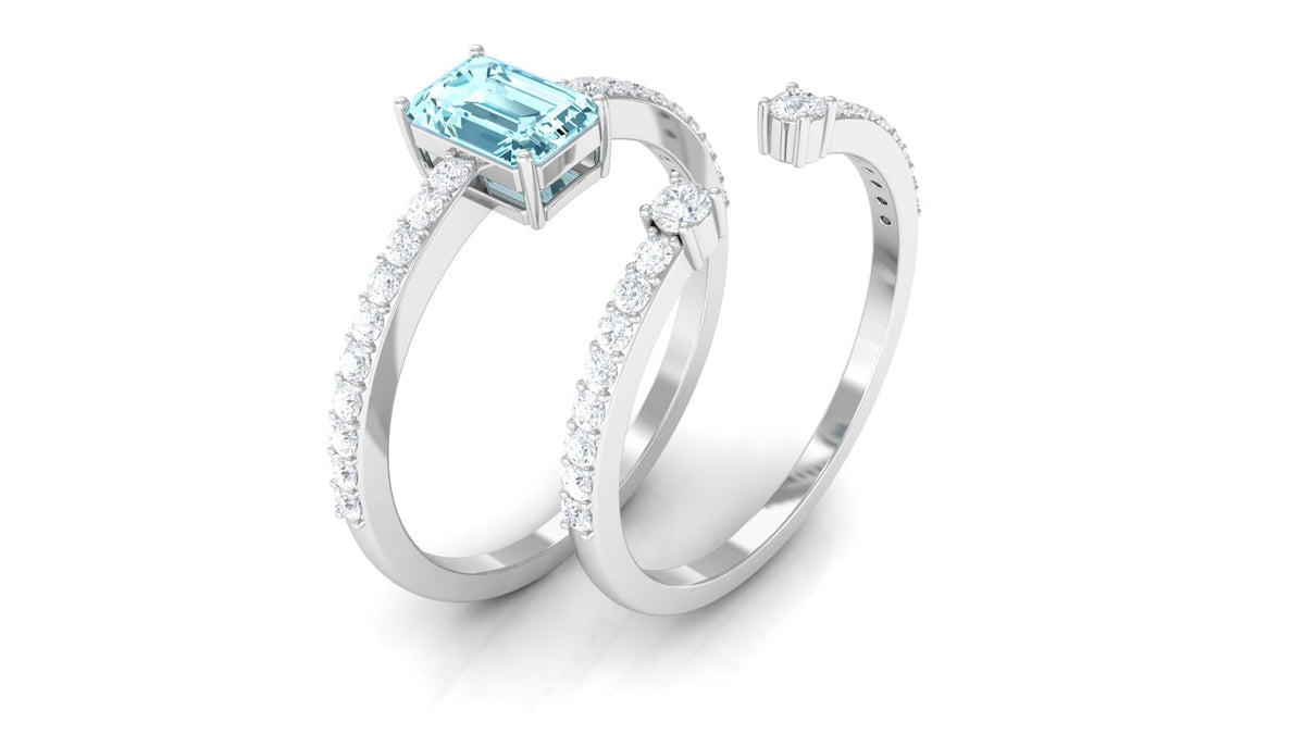 Aquamarine Bridal Ring – Emerald Cut Ring With Diamond Wedding Band Set Enhancer