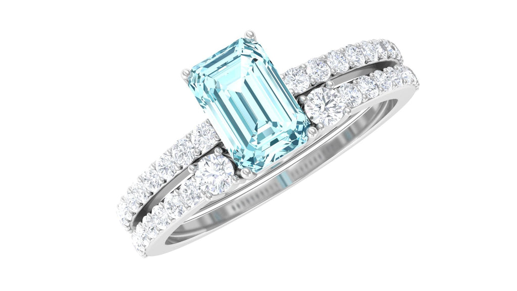 Aquamarine Bridal Ring – Emerald Cut Ring With Diamond Wedding Band Set Enhancer