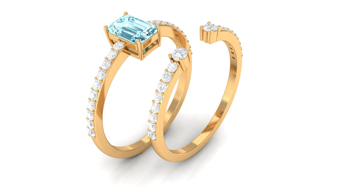 Aquamarine Bridal Ring – Emerald Cut Ring With Diamond Wedding Band Set Enhancer