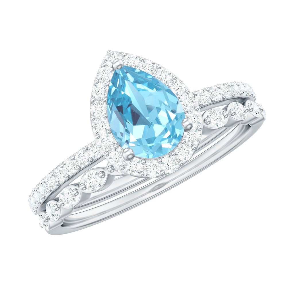 Aquamarine Bridal Ring – Pear Cut Aquamarine with Diamond Halo Design Wedding Set