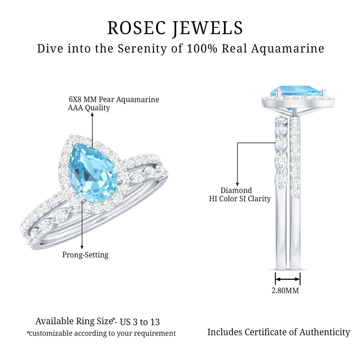 Aquamarine Bridal Ring – Pear Cut Aquamarine with Diamond Halo Design Wedding Set