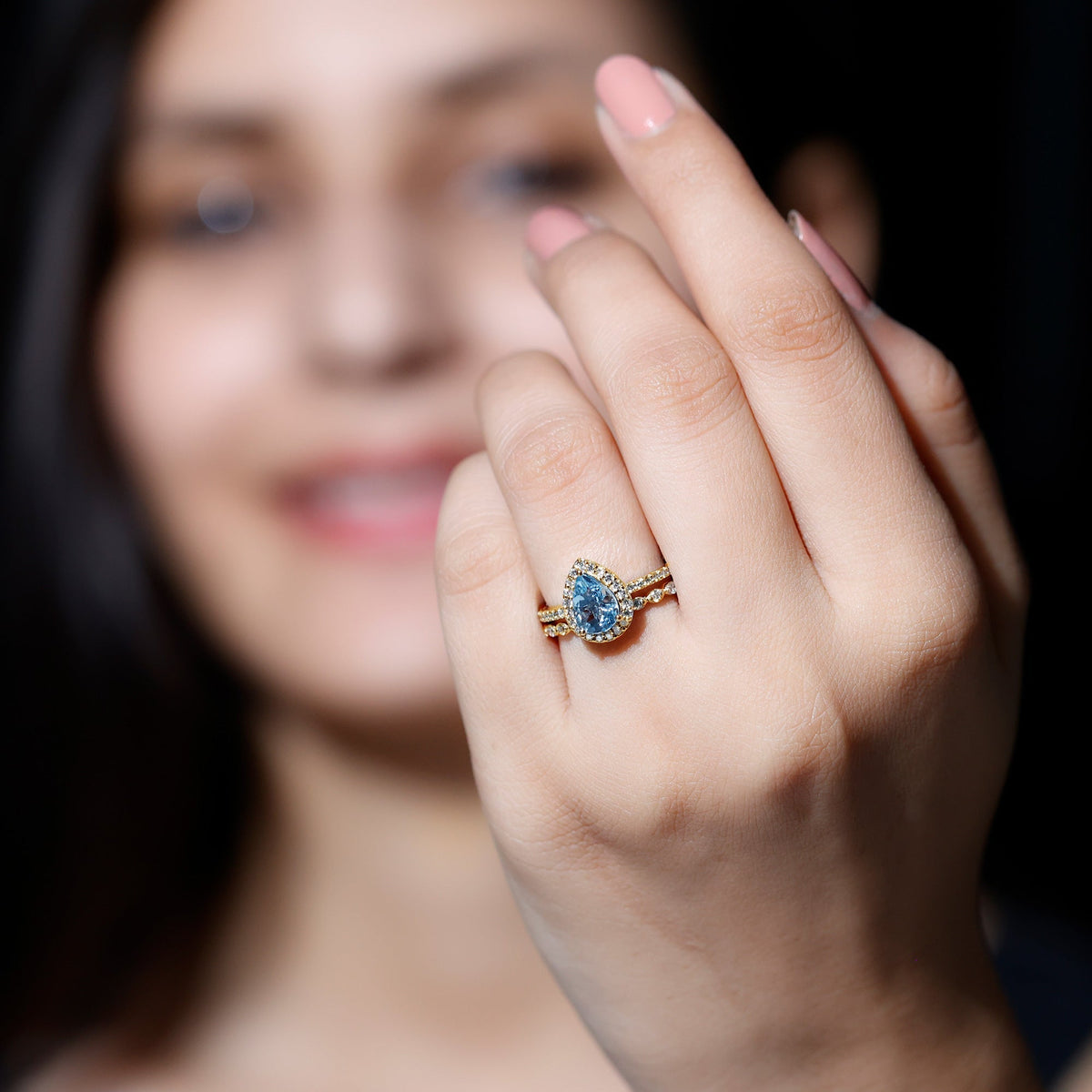 Aquamarine Bridal Ring – Pear Cut Aquamarine with Diamond Halo Design Wedding Set