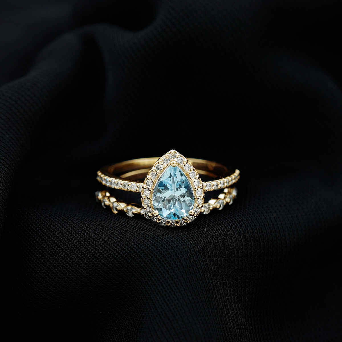 Aquamarine Bridal Ring – Pear Cut Aquamarine with Diamond Halo Design Wedding Set