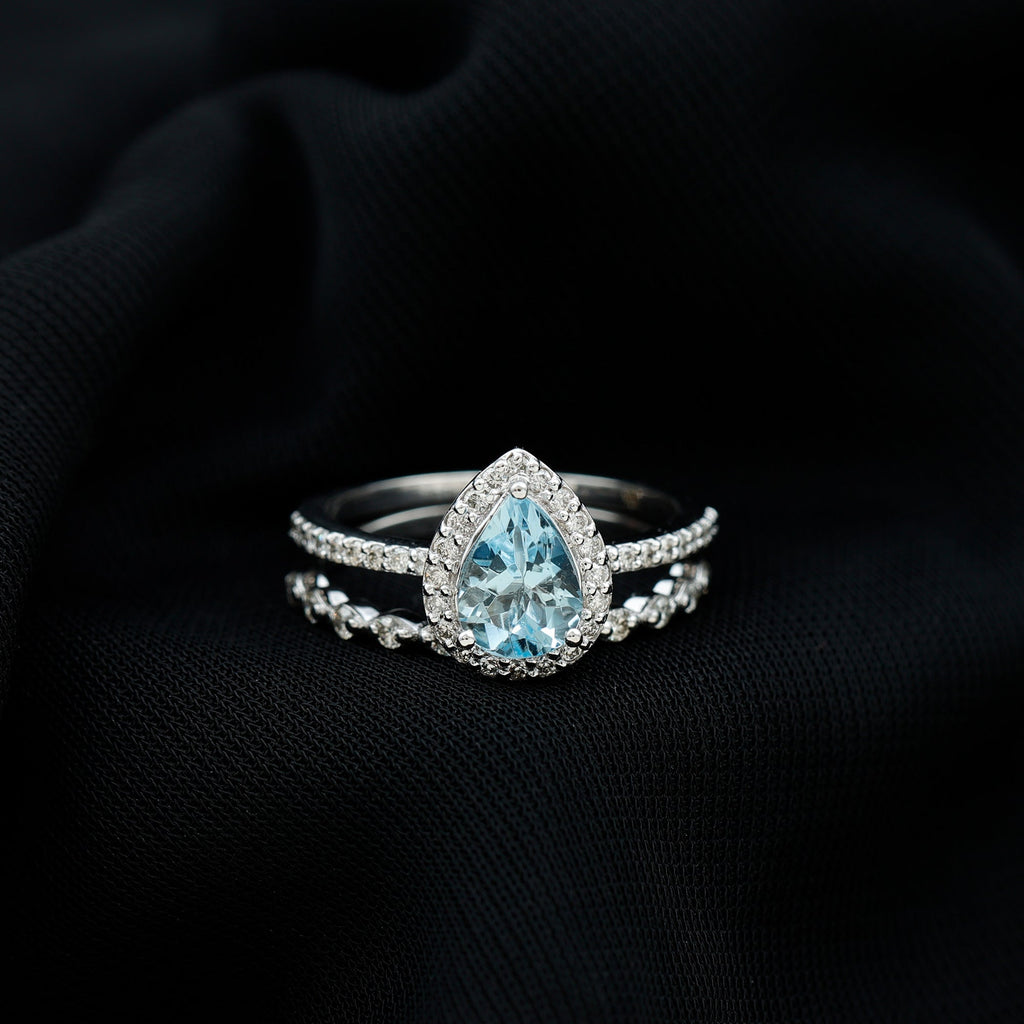 Aquamarine Bridal Ring – Pear Cut Aquamarine with Diamond Halo Design Wedding Set