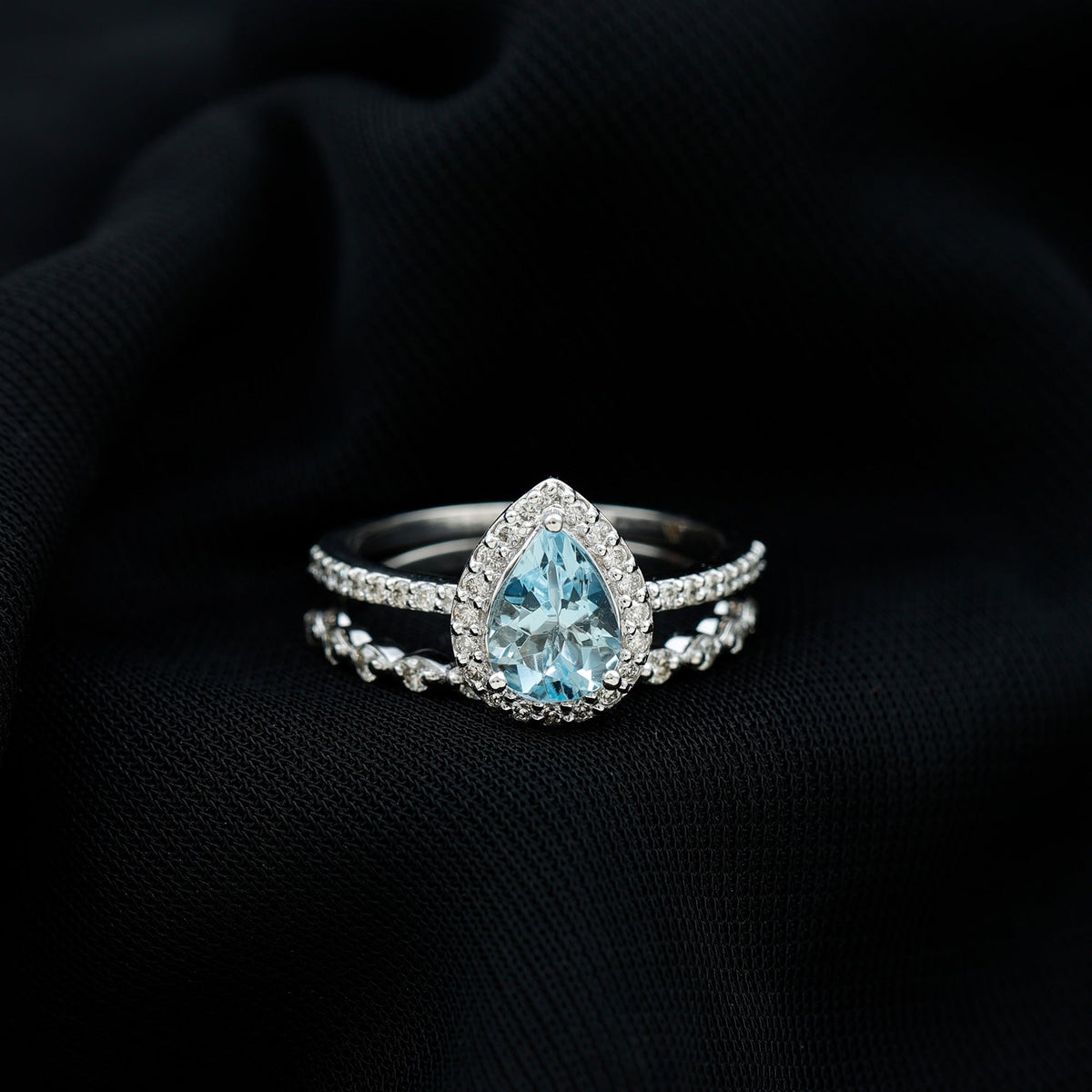 Aquamarine Bridal Ring – Pear Cut Aquamarine with Diamond Halo Design Wedding Set