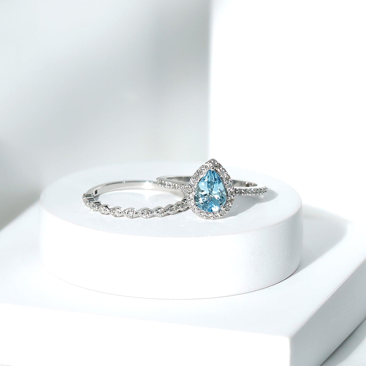 Aquamarine Bridal Ring – Pear Cut Aquamarine with Diamond Halo Design Wedding Set