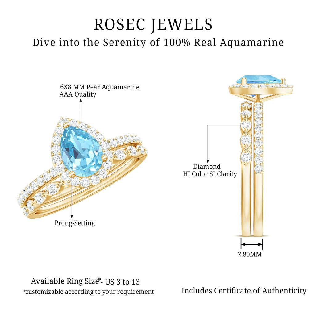 Aquamarine Bridal Ring – Pear Cut Aquamarine with Diamond Halo Design Wedding Set