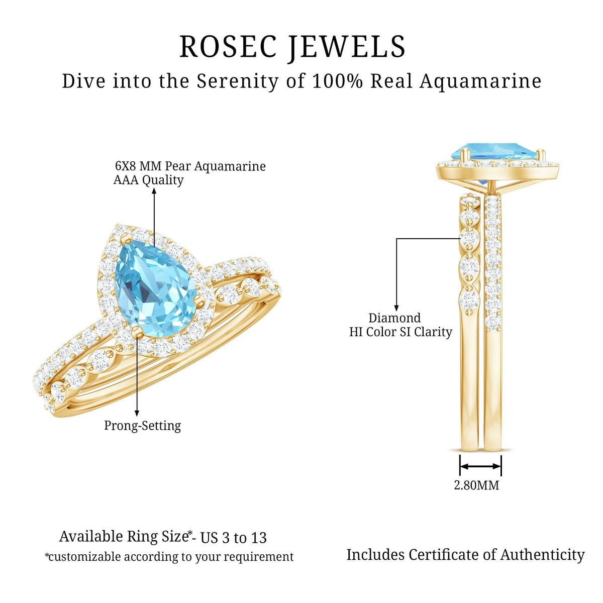 Aquamarine Bridal Ring – Pear Cut Aquamarine with Diamond Halo Design Wedding Set