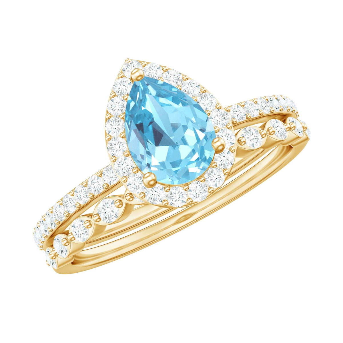Aquamarine Bridal Ring – Pear Cut Aquamarine with Diamond Halo Design Wedding Set