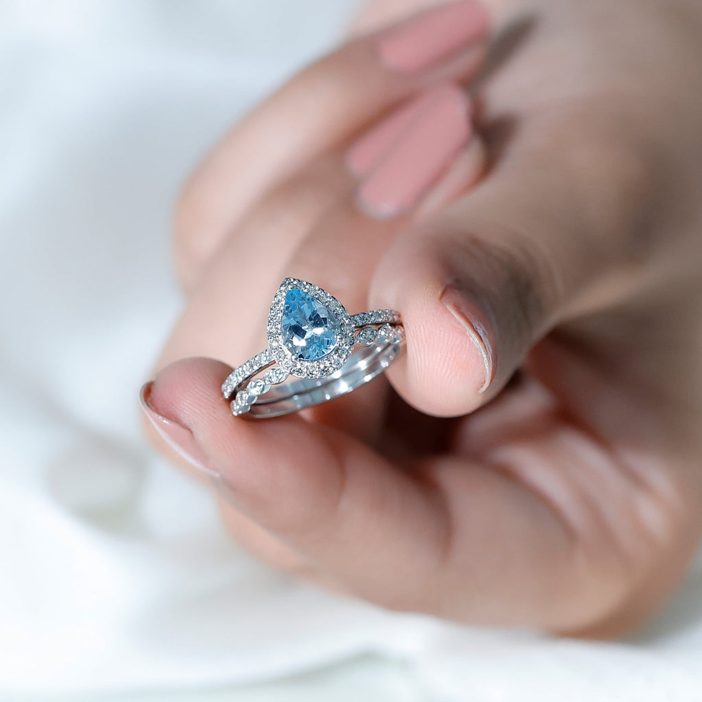 Aquamarine Bridal Ring – Pear Cut Aquamarine with Diamond Halo Design Wedding Set