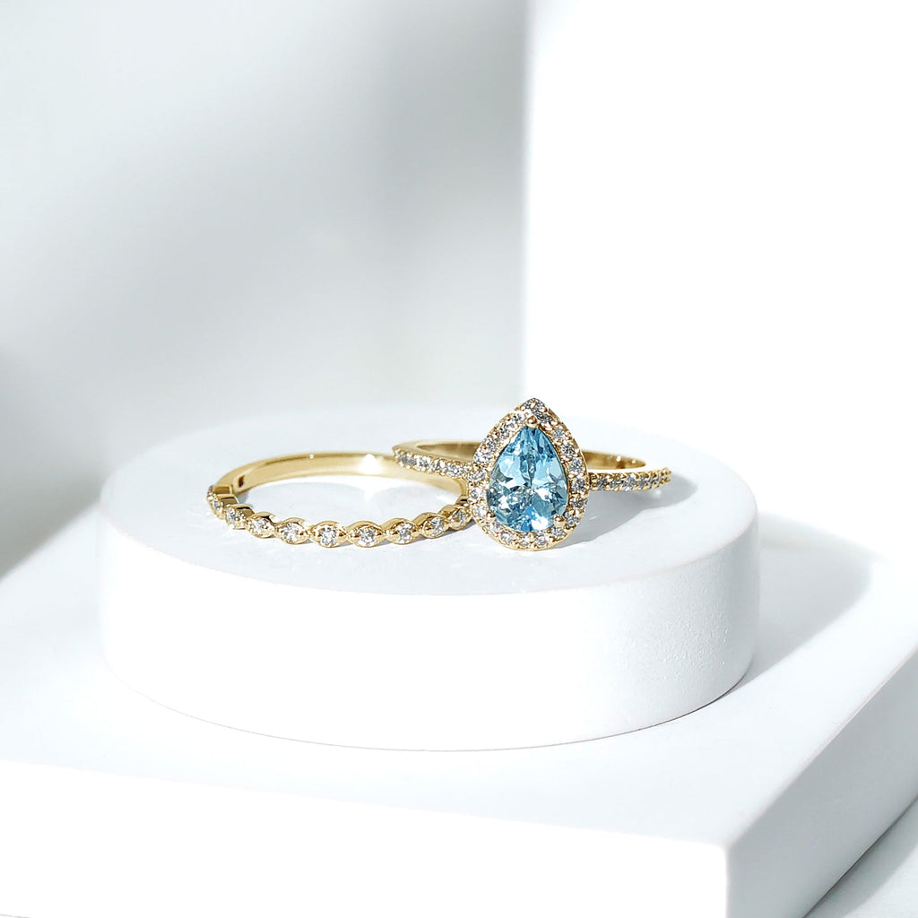Aquamarine Bridal Ring – Pear Cut Aquamarine with Diamond Halo Design Wedding Set