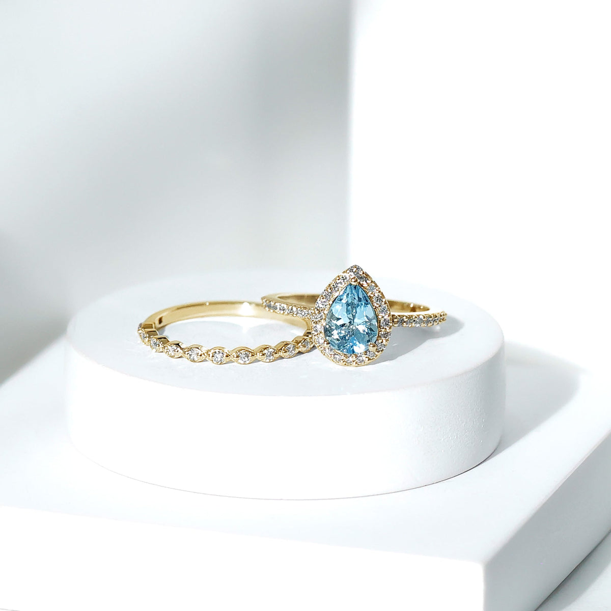 Aquamarine Bridal Ring – Pear Cut Aquamarine with Diamond Halo Design Wedding Set