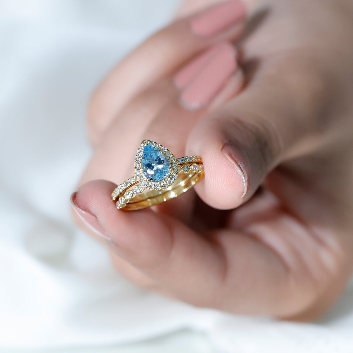 Aquamarine Bridal Ring – Pear Cut Aquamarine with Diamond Halo Design Wedding Set
