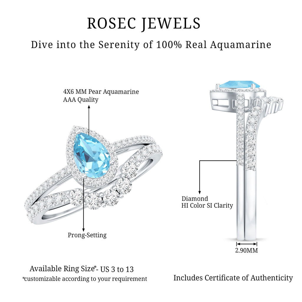 Aquamarine Bridal Ring Set – Pear Cut Aquamarine Diamond Halo Ring with Prong Setting