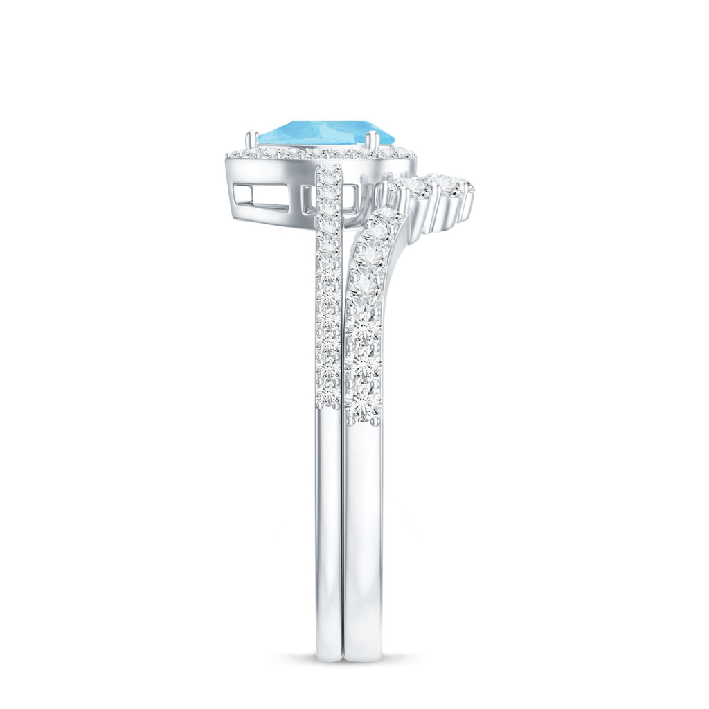 Aquamarine Bridal Ring Set – Pear Cut Aquamarine Diamond Halo Ring with Prong Setting