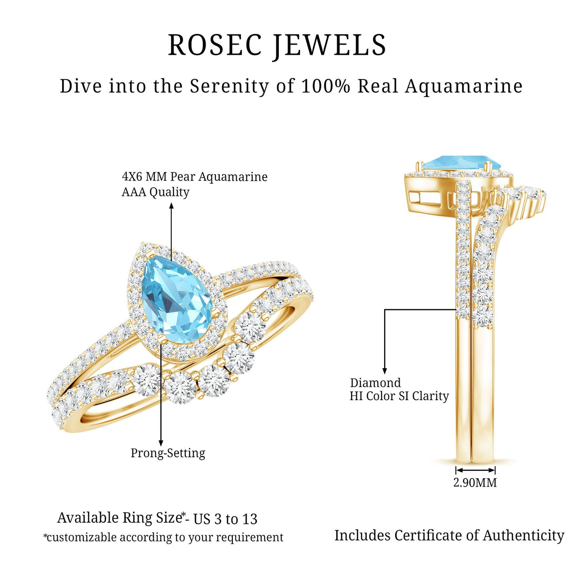 Aquamarine Bridal Ring Set – Pear Cut Aquamarine Diamond Halo Ring with Prong Setting