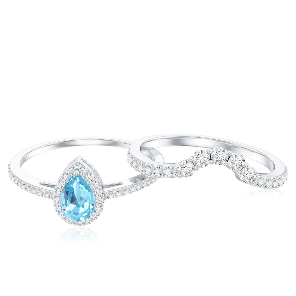 Aquamarine Bridal Ring Set – Pear Cut Aquamarine Diamond Halo Ring with Prong Setting