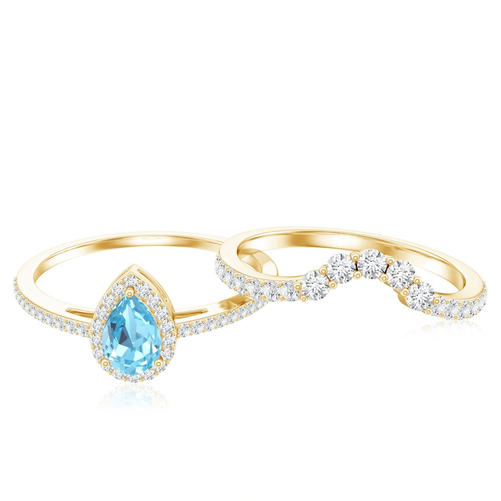 Aquamarine Bridal Ring Set – Pear Cut Aquamarine Diamond Halo Ring with Prong Setting