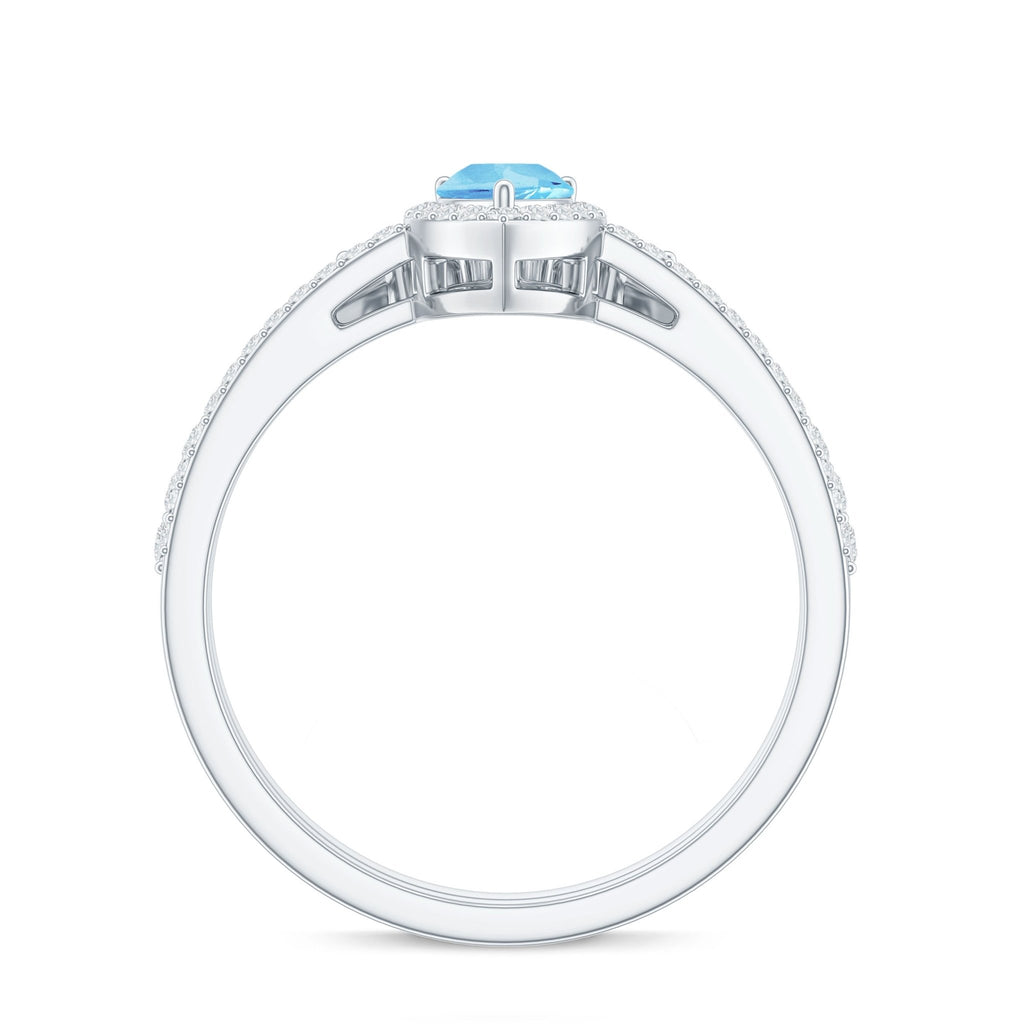 Aquamarine Bridal Ring Set – Pear Cut Aquamarine Diamond Halo Ring with Prong Setting