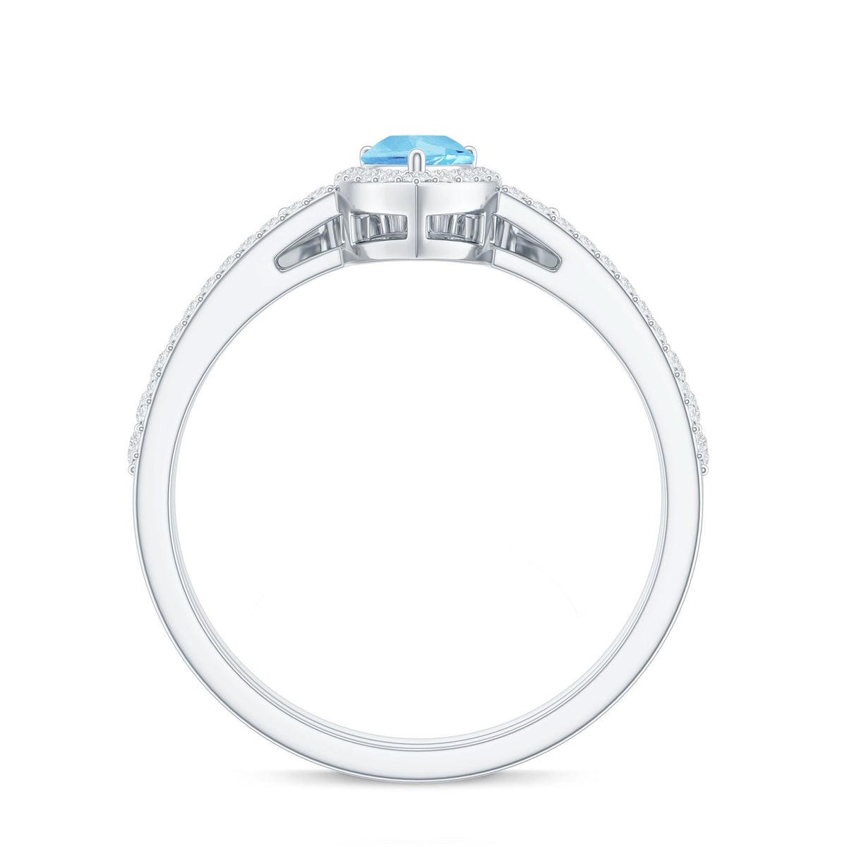 Aquamarine Bridal Ring Set – Pear Cut Aquamarine Diamond Halo Ring with Prong Setting