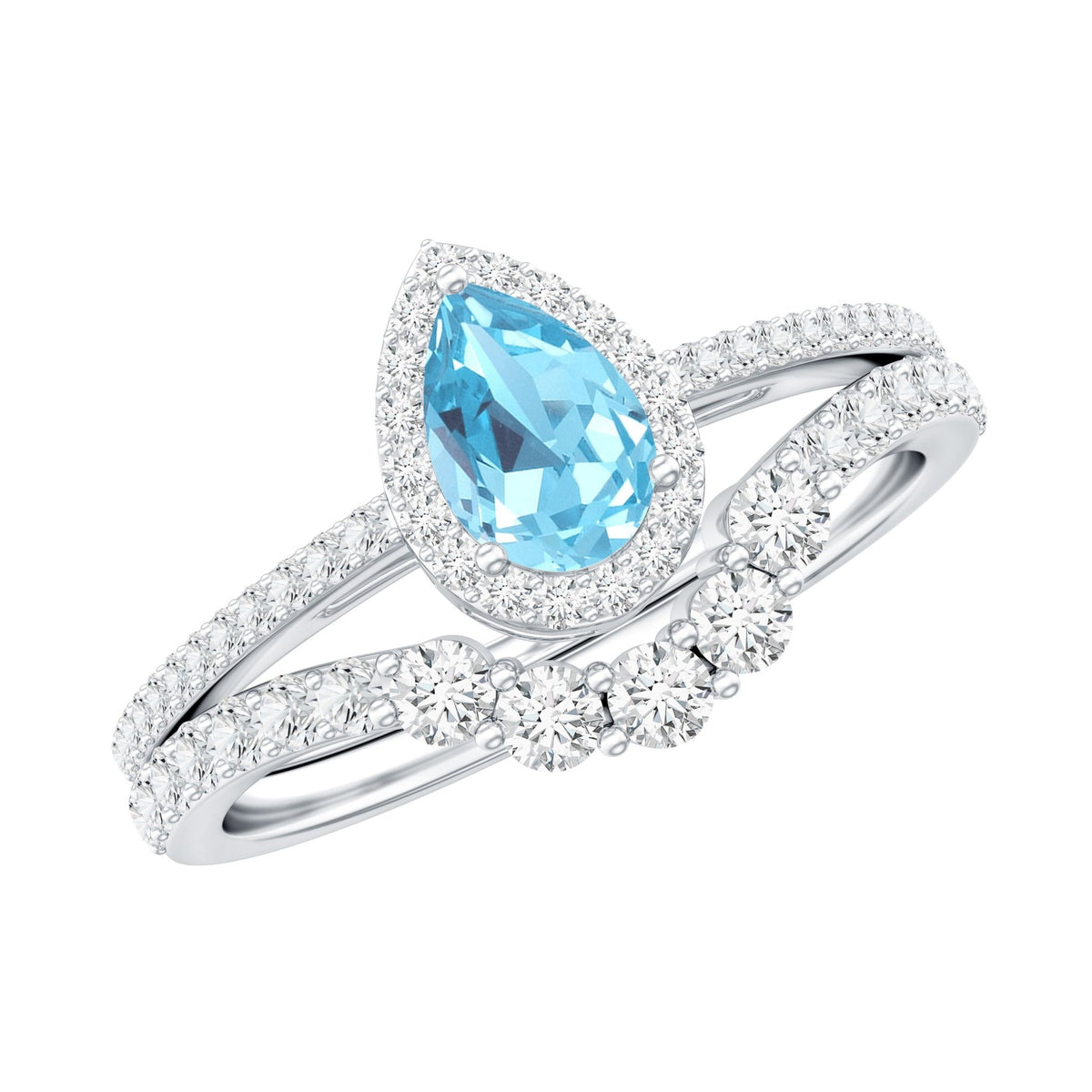 Aquamarine Bridal Ring Set – Pear Cut Aquamarine Diamond Halo Ring with Prong Setting