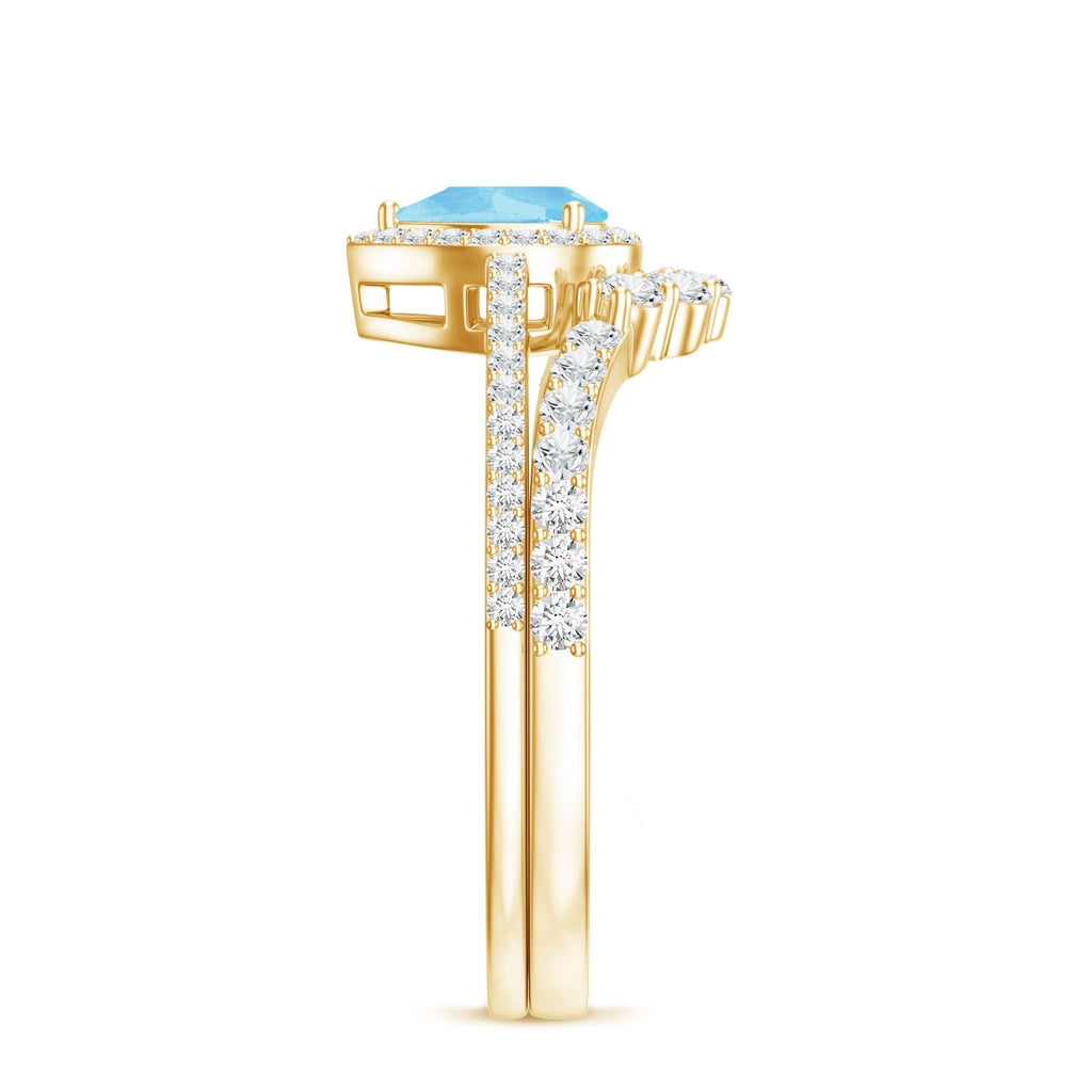 Aquamarine Bridal Ring Set – Pear Cut Aquamarine Diamond Halo Ring with Prong Setting