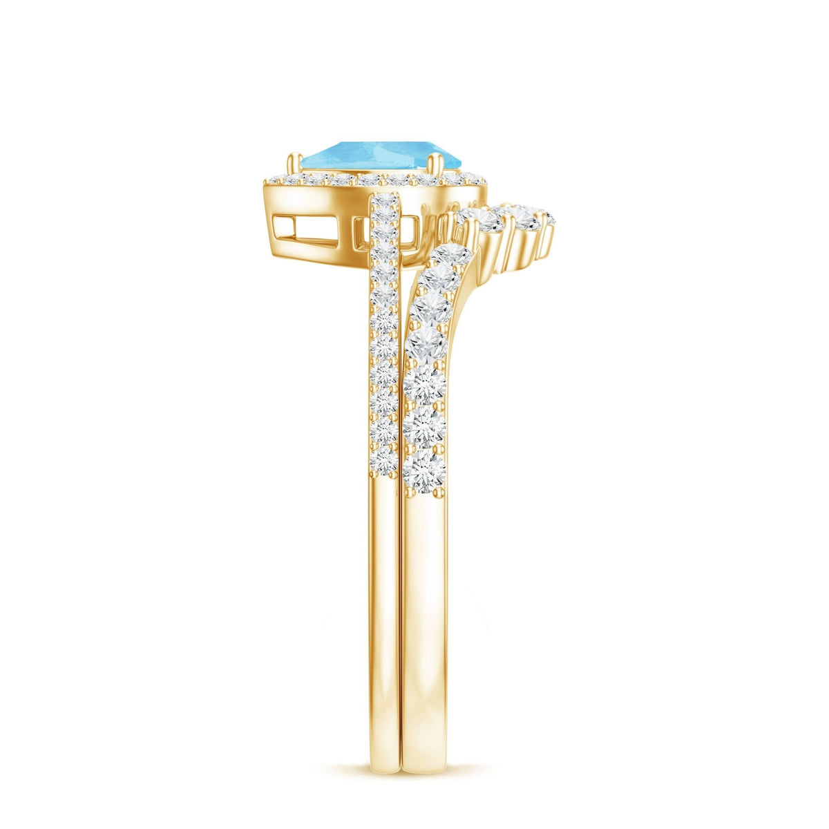 Aquamarine Bridal Ring Set – Pear Cut Aquamarine Diamond Halo Ring with Prong Setting