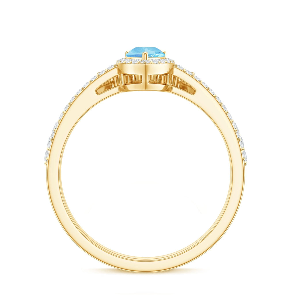 Aquamarine Bridal Ring Set – Pear Cut Aquamarine Diamond Halo Ring with Prong Setting