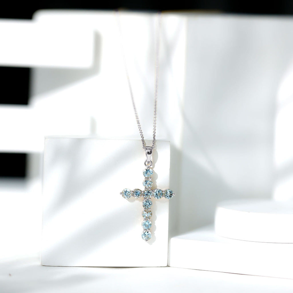 Aquamarine Cross Pendant – Elegant Blue Gemstone Necklace | Spiritual Jewelry Gift