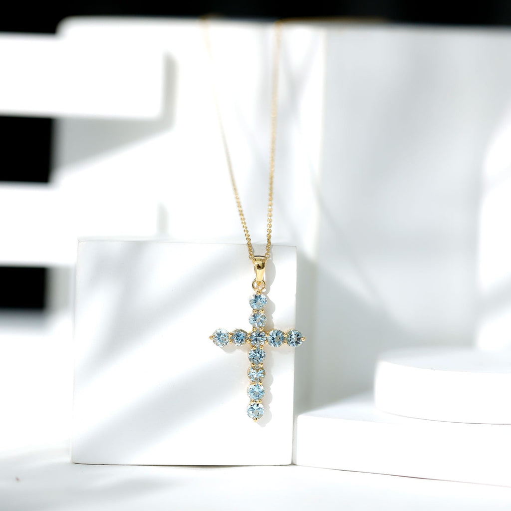 Aquamarine Cross Pendant – Elegant Blue Gemstone Necklace | Spiritual Jewelry Gift