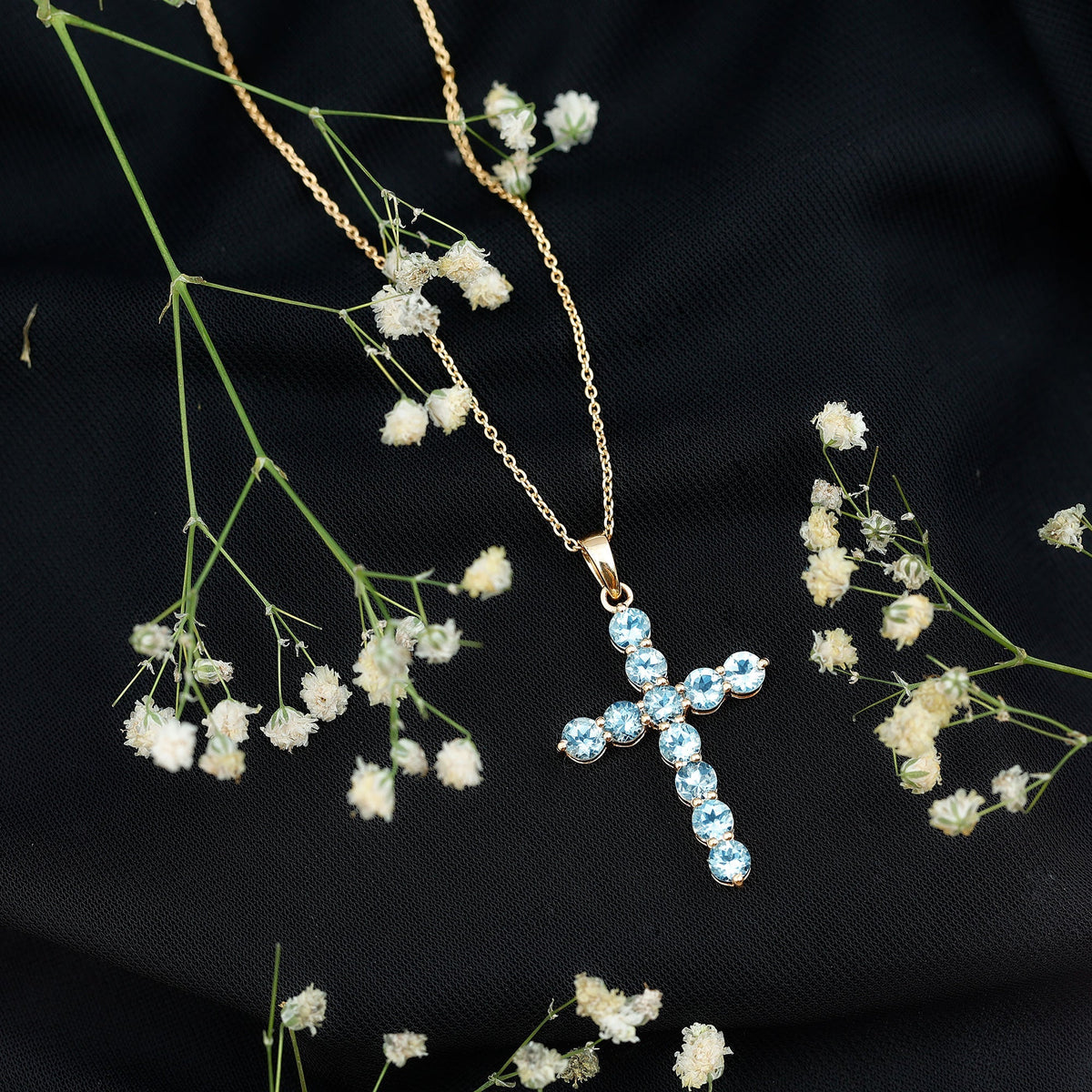 Aquamarine Cross Pendant – Elegant Blue Gemstone Necklace | Spiritual Jewelry Gift