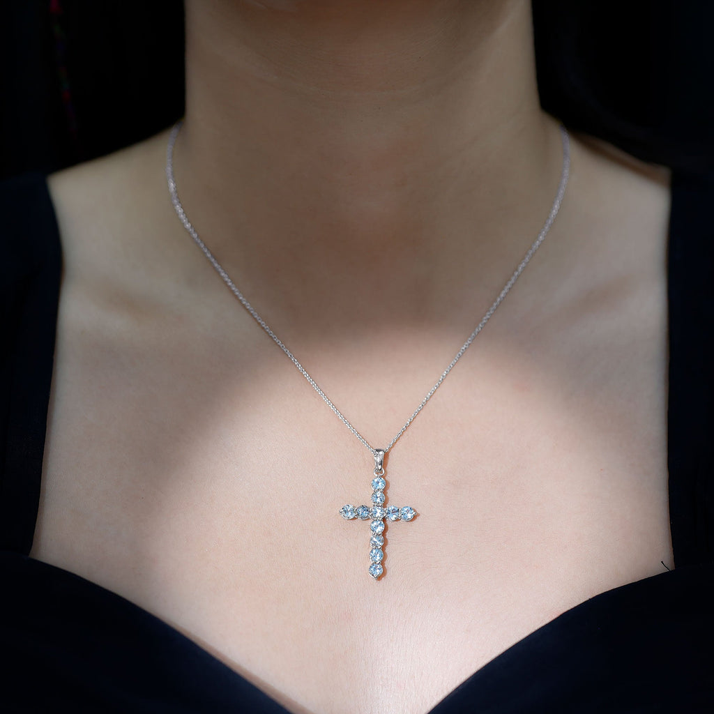 Aquamarine Cross Pendant – Elegant Blue Gemstone Necklace | Spiritual Jewelry Gift
