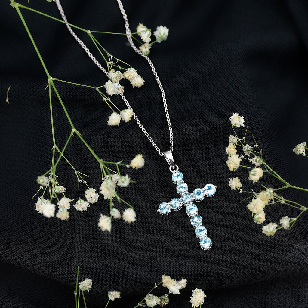 Aquamarine Cross Pendant – Elegant Blue Gemstone Necklace | Spiritual Jewelry Gift