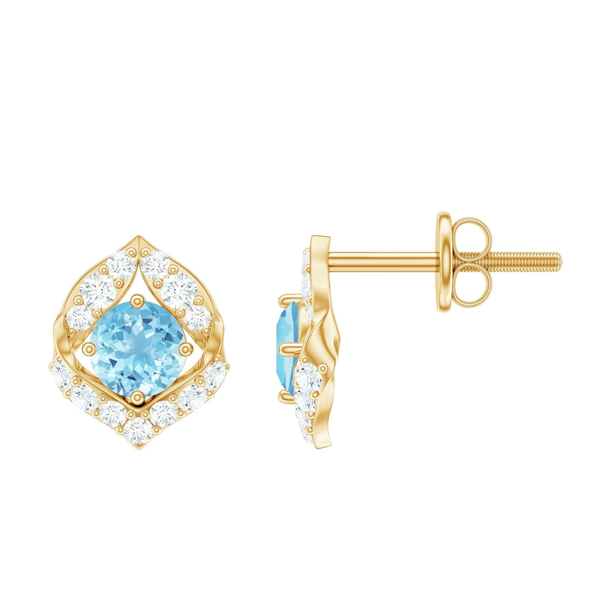 Aquamarine Diamond Earrings – Vintage Inspired Leaf Motif Studs | Screw Back Closure