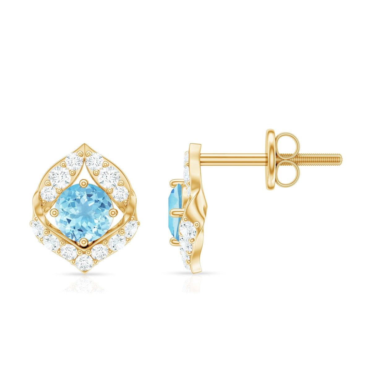 Aquamarine Diamond Earrings – Vintage Inspired Leaf Motif Studs | Screw Back Closure
