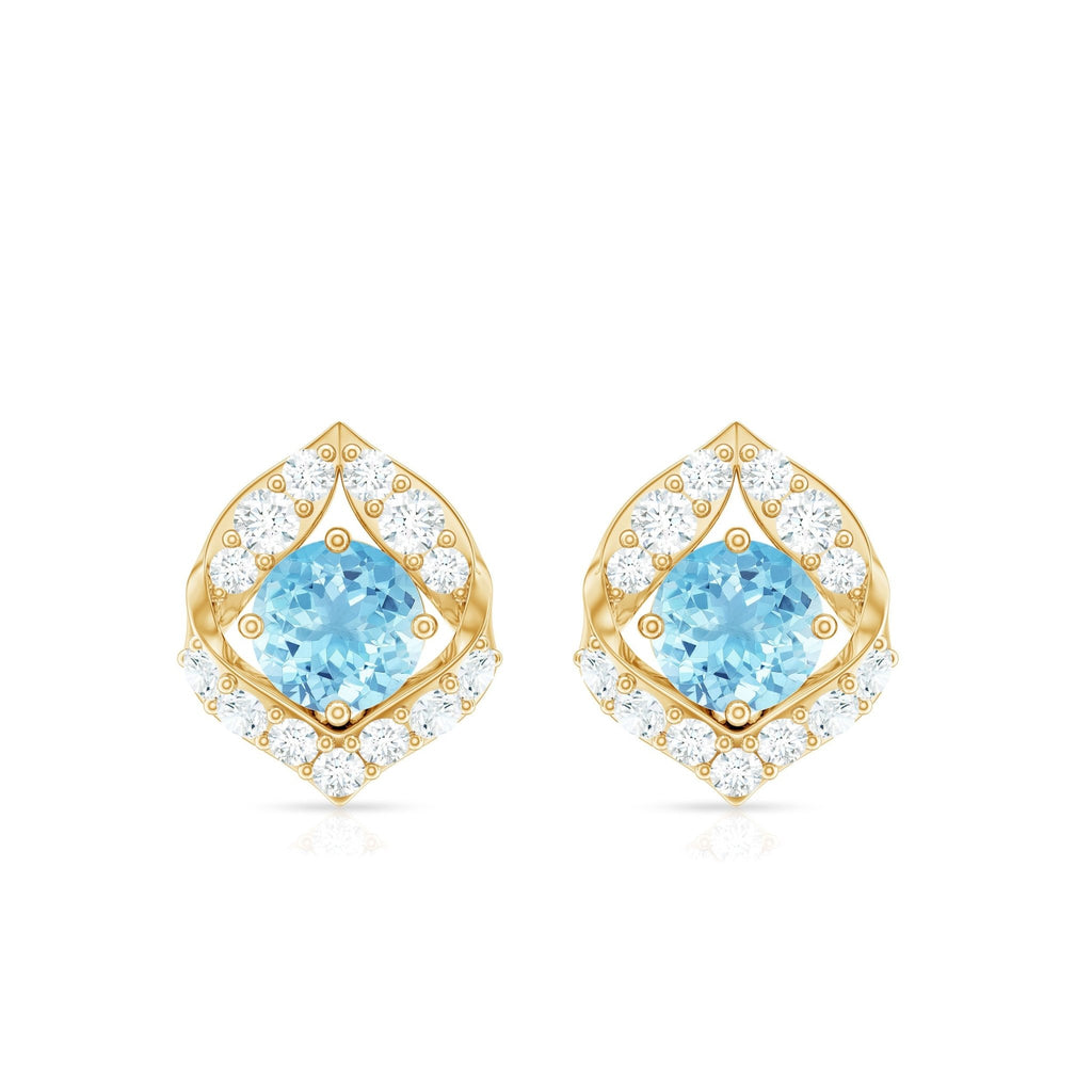 Aquamarine Diamond Earrings – Vintage Inspired Leaf Motif Studs | Screw Back Closure