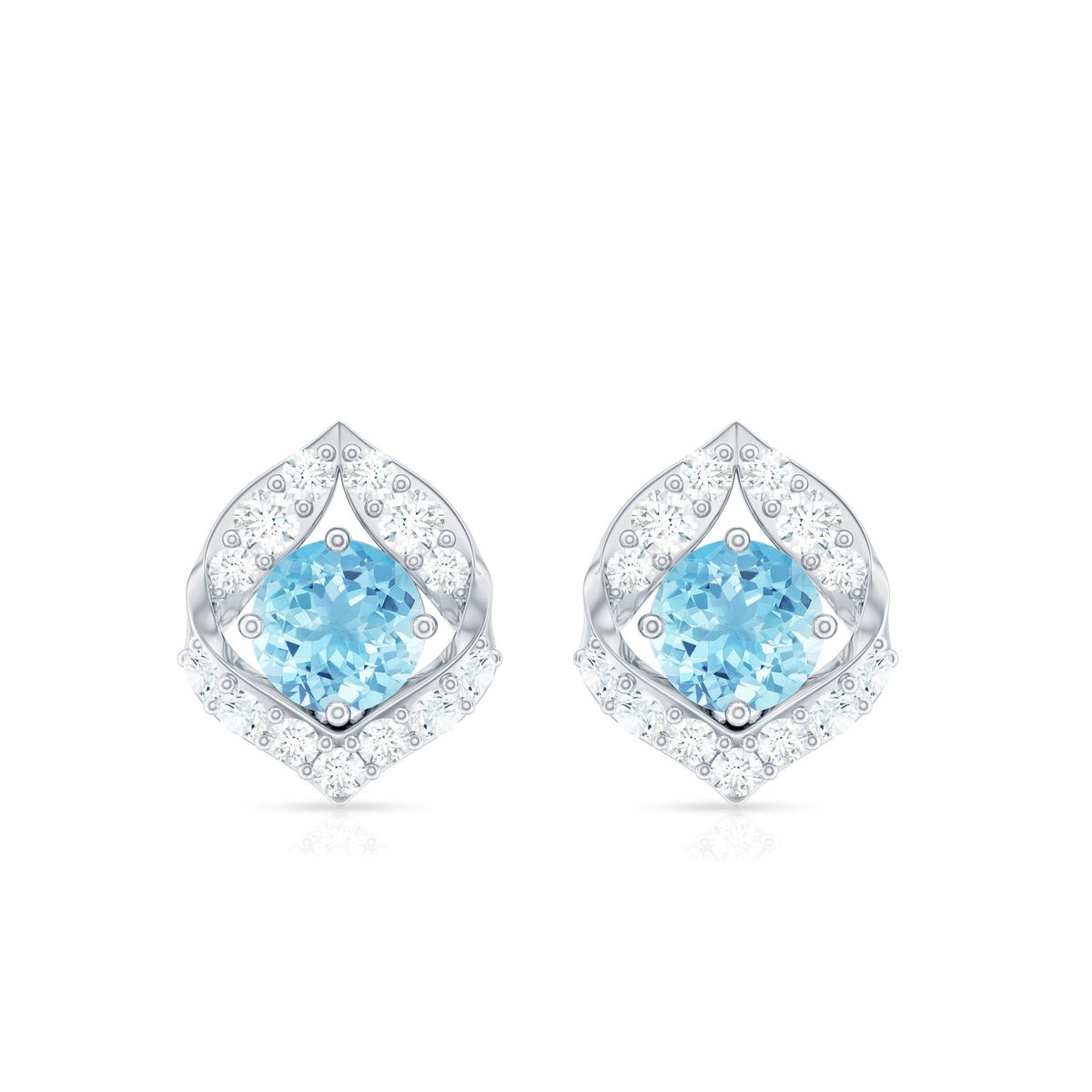 Aquamarine Diamond Earrings – Vintage Inspired Leaf Motif Studs | Screw Back Closure