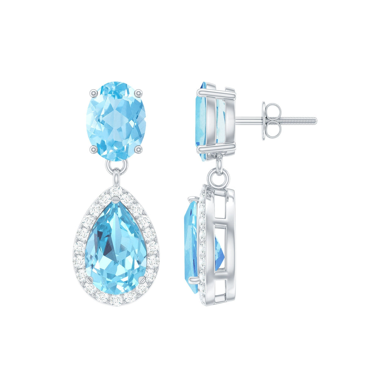Aquamarine Drop Earrings – Oval Cut & Pear Shape Blue Gemstone with Halo Diamond