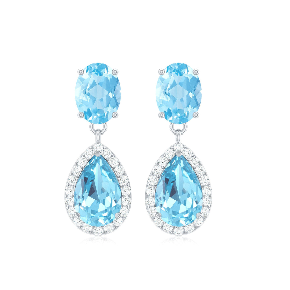 Aquamarine Drop Earrings – Oval Cut & Pear Shape Blue Gemstone with Halo Diamond