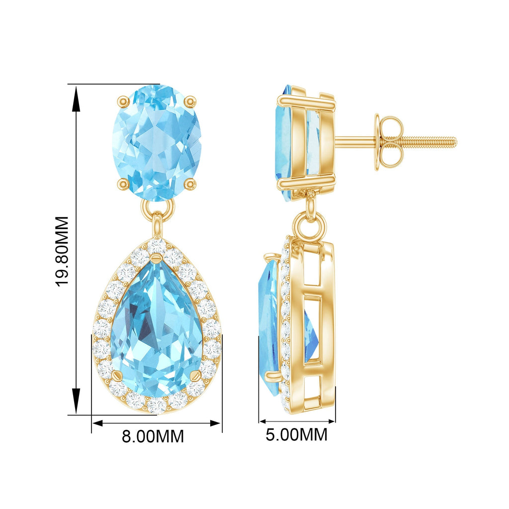 Aquamarine Drop Earrings – Oval Cut & Pear Shape Blue Gemstone with Halo Diamond