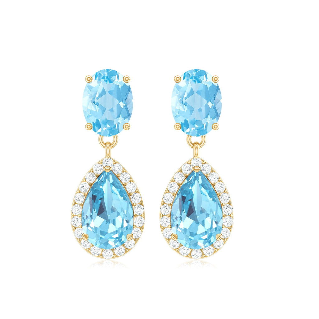 Aquamarine Drop Earrings – Oval Cut & Pear Shape Blue Gemstone with Halo Diamond