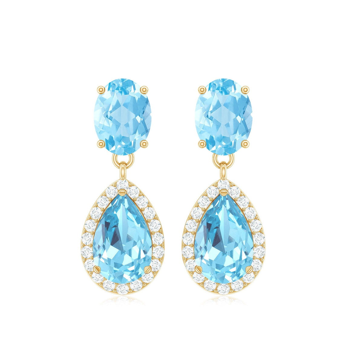 Aquamarine Drop Earrings – Oval Cut & Pear Shape Blue Gemstone with Halo Diamond