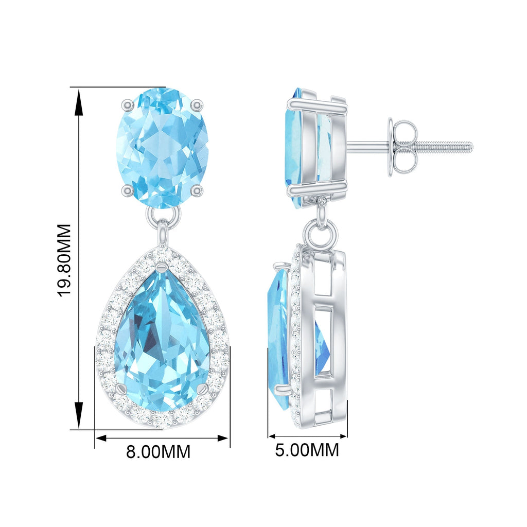Aquamarine Drop Earrings – Oval Cut & Pear Shape Blue Gemstone with Halo Diamond