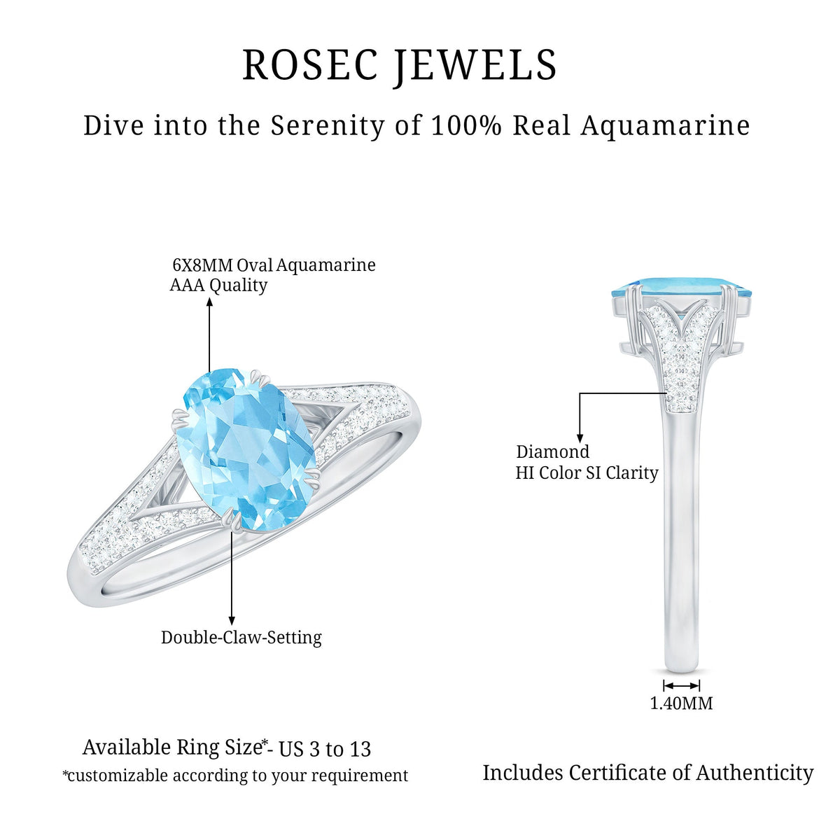 Aquamarine Engagement Ring 1 Carat Oval AAA Quality Gemstone | Modern Diamond Split Shank Style