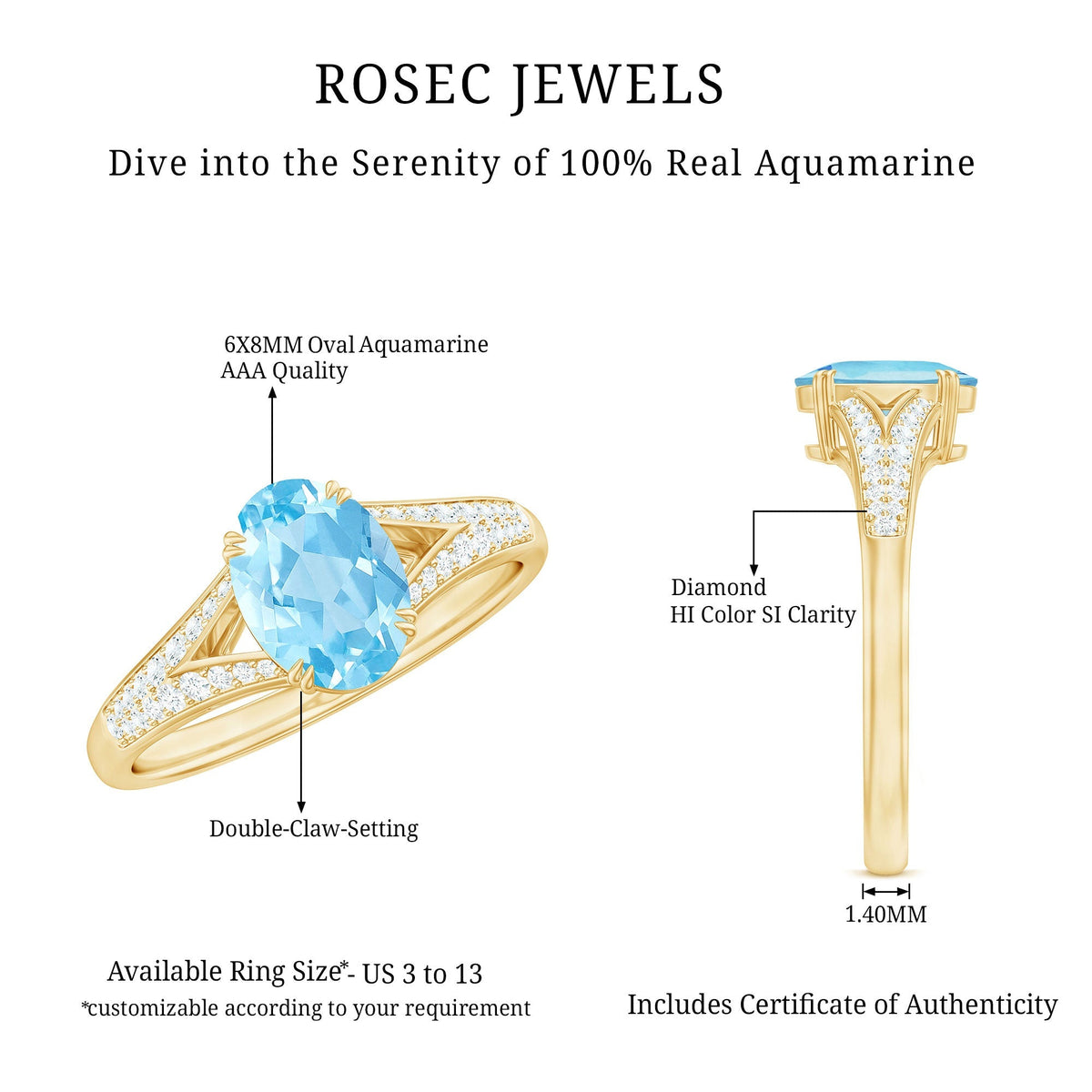 Aquamarine Engagement Ring 1 Carat Oval AAA Quality Gemstone | Modern Diamond Split Shank Style